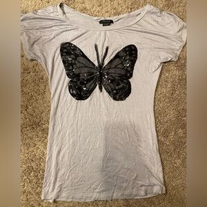Timing Gray Sequin Butterfly Women’s Small Soft Stretchy Tee School t-Shirt